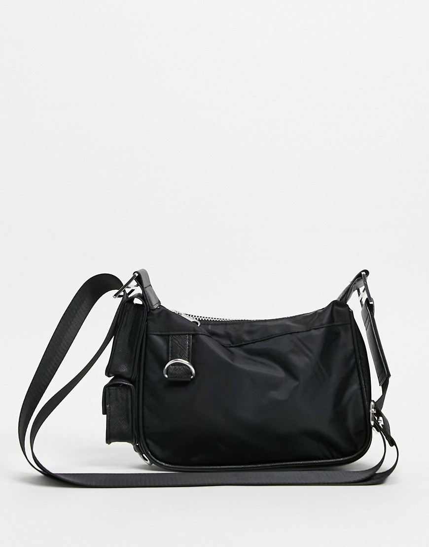 ASOS DESIGN cross body 90's shoulder bag with modular clip off pouches in black faux leather