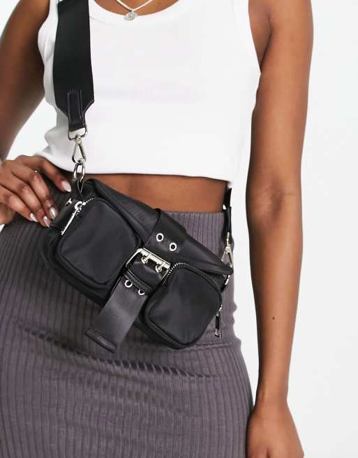 ASOS DESIGN cross body bag with buckle detailing and detachable strap in  black nylon