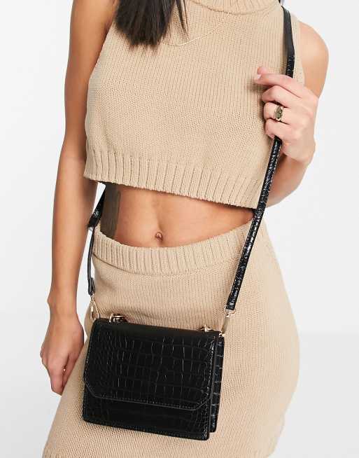 ASOS DESIGN black croc effect shoulder bag with chunky chain