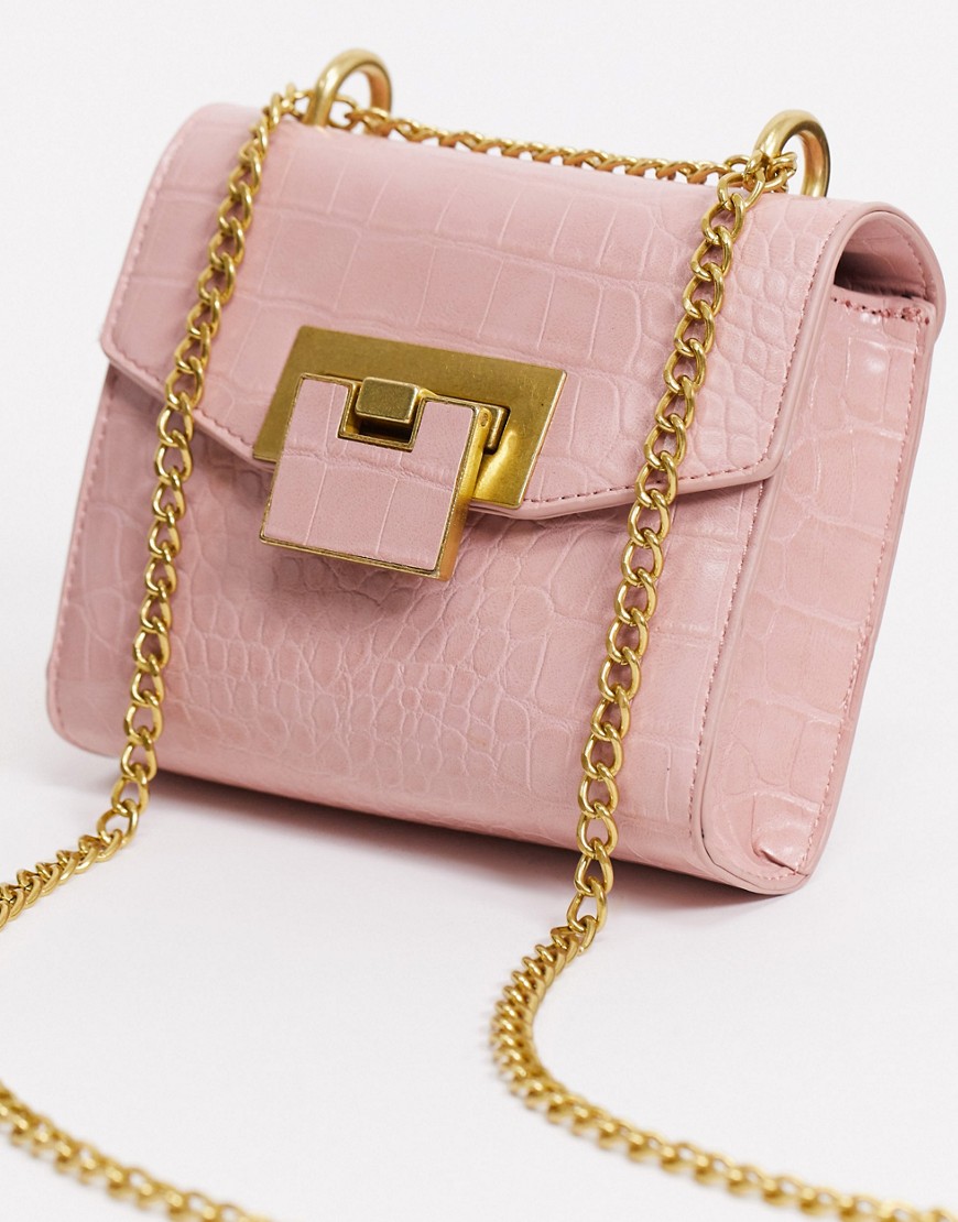 Asos Design Cross Body Bag With Shoulder Strap In Blush Croc With Hardware Detail-pink