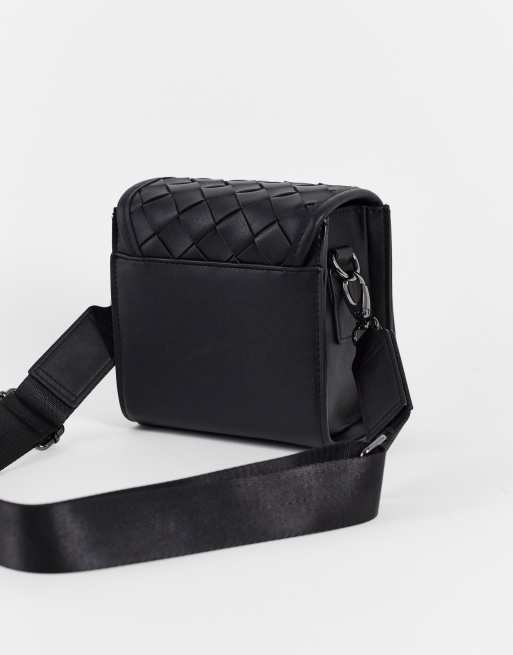 ASOS DESIGN cross body box bag in black faux leather with weave design