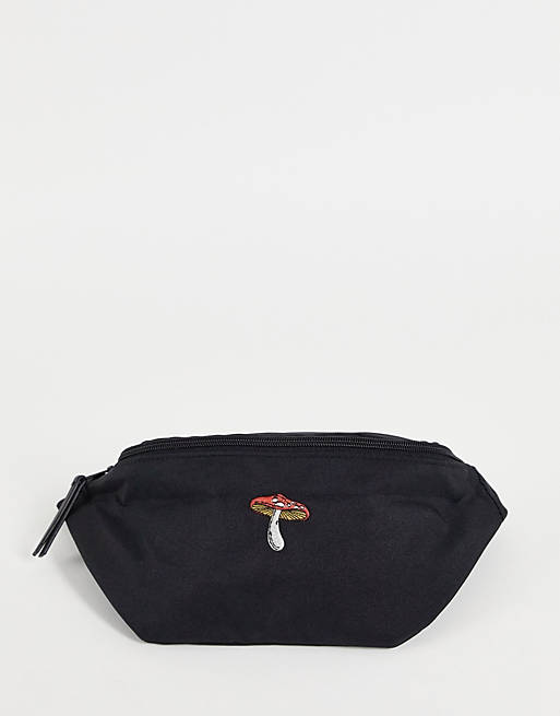 ASOS DESIGN cross body bum bag in black nylon with mushroom embroidery