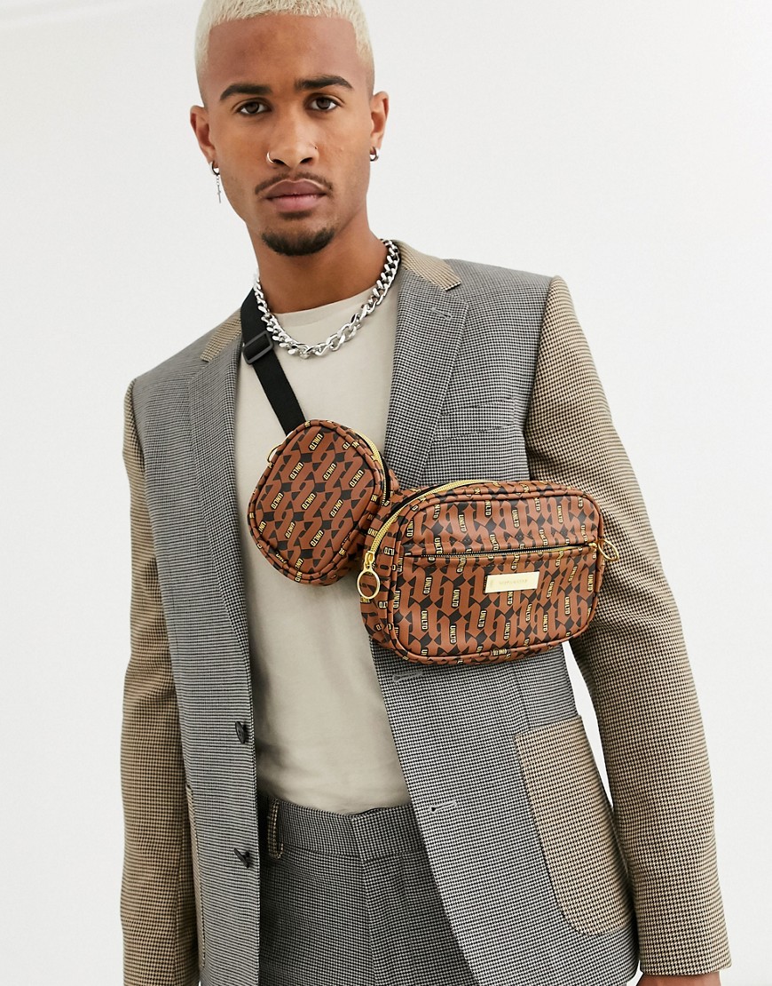 ASOS DESIGN cross body bum bag in brown faux leather with all over logo print and multi pockets-Tan