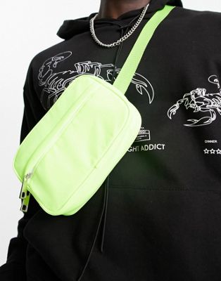 ASOS DESIGN cross body bum bag with zip pouch in neon green