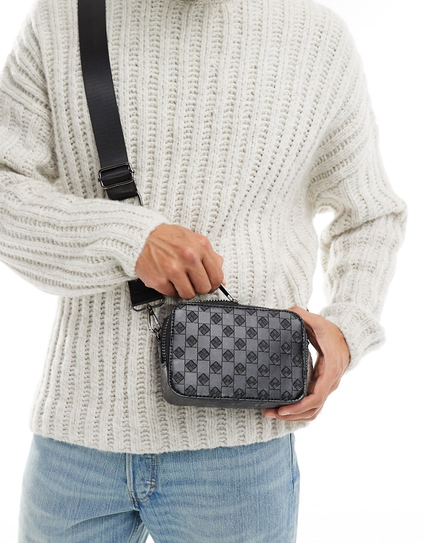 cross body camera bag with checkerboard emboss in black