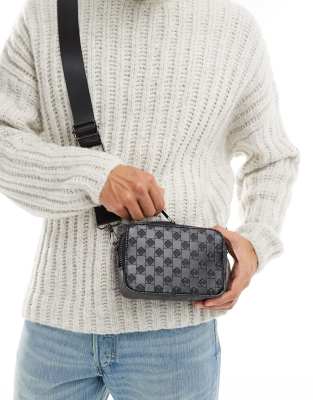 cross body camera bag with checkerboard emboss in black