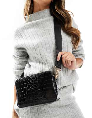 cross-body camera bag with detachable webbing strap in black croc