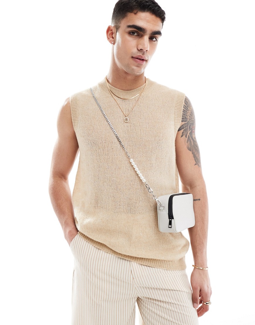 ASOS DESIGN cross body camera bag with pearl strap in light grey-White