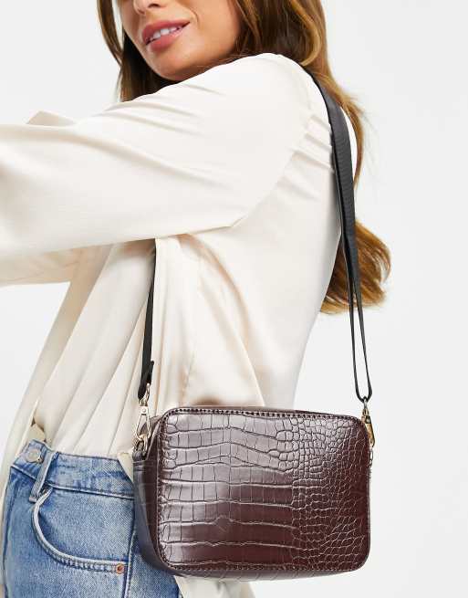 Asos Design Cross Body Camera Bag With Webbing Strap In Chocolate Croc Asos