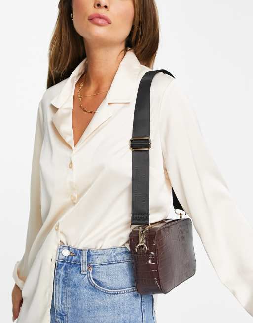 ASOS DESIGN real leather cross body camera bag in brown