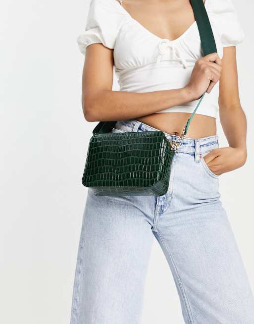 ASOS DESIGN faux leather croc crossbody camera bag in off white