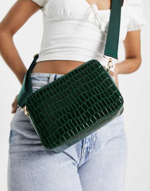 ASOS DESIGN cross-body camera bag with webbing strap in green croc