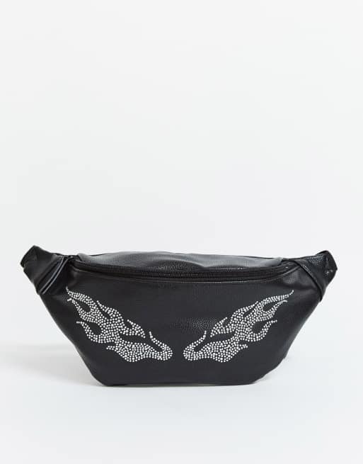 ASOS DESIGN cross body fanny pack in black faux leather with rhinestone flame design