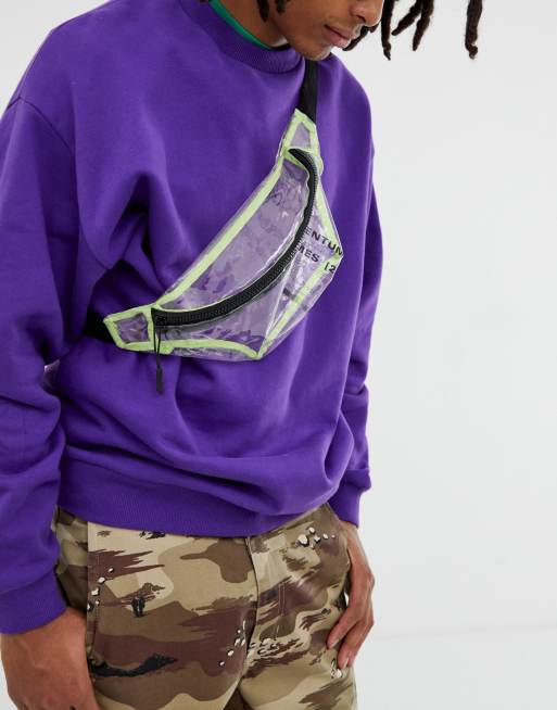 ASOS DESIGN cross body fanny pack in transparent with print and neon