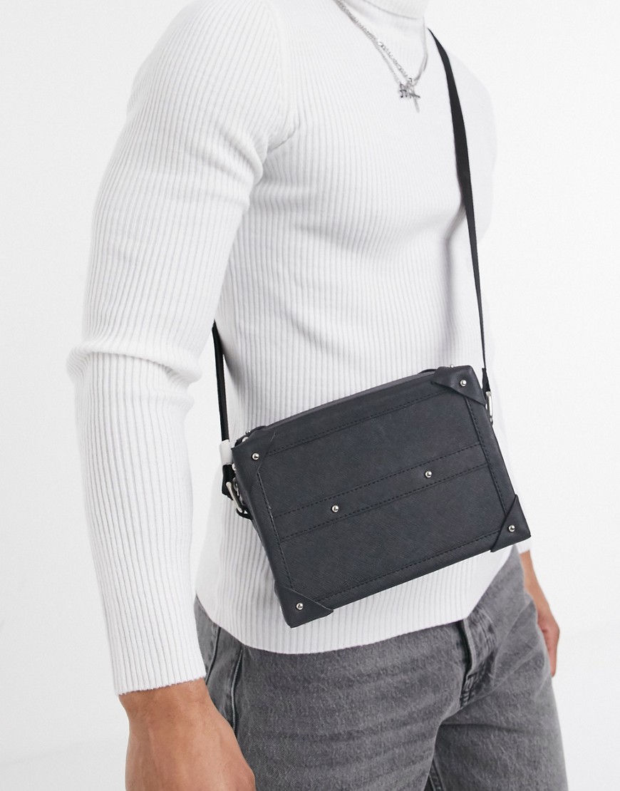 Asos Design Cross Body Hard Case Box Bag In Black Faux Leather