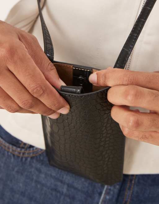 ASOS DESIGN cross-body phone holder in black faux croc, 3 of 4