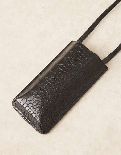 ASOS DESIGN cross-body phone holder in black faux croc, 4 of 4