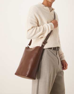 Asos Design Cross Body Pu Bucket Bag In Brown