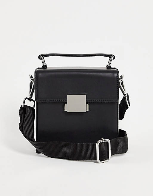 ASOS DESIGN cross body structured box bag in black faux leather with grab handle and clasp