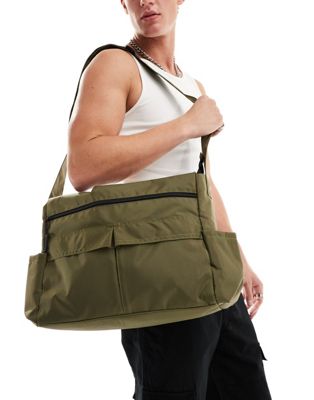 ASOS DESIGN cross body tote bag with pockets in khaki