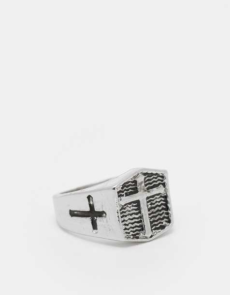 ASOS DESIGN cross detail signet ring in burnished silver - view 1