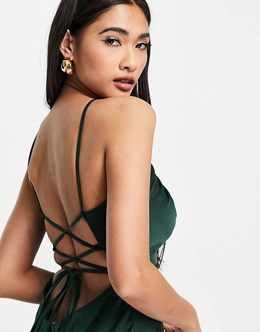 ASOS Cross Front Halter Satin Midi Dress With Tie Back in Green Womens Clothing Dresses Cocktail and party dresses 