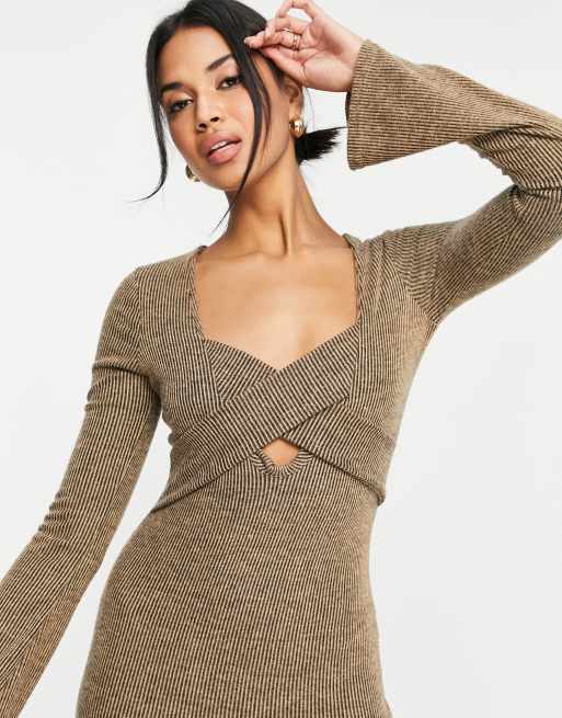 ASOS DESIGN cross front cosy midi jumper dress in brown supersoft rib BROWN