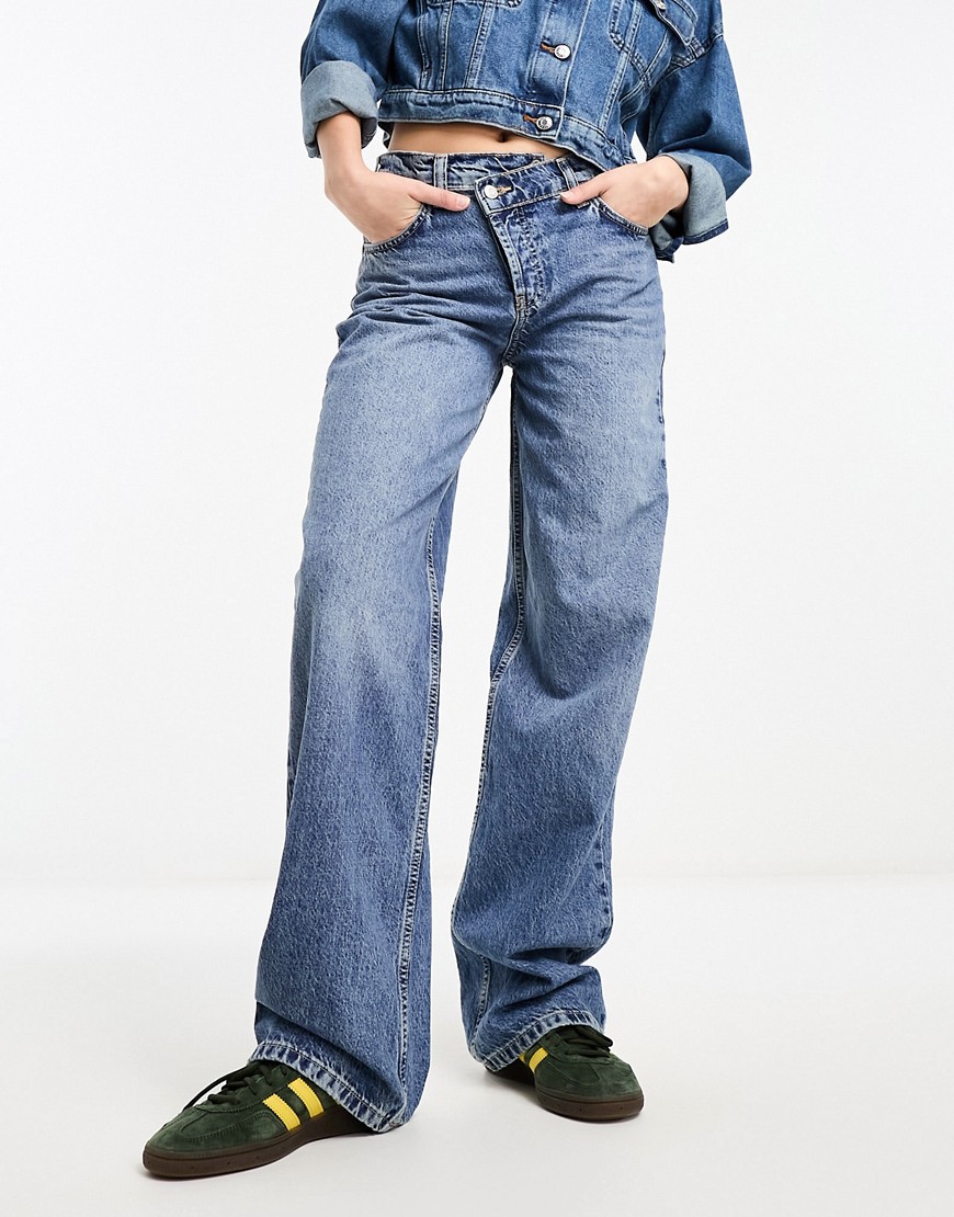Asos Design Cross Front Dad Jeans In Dark Blue