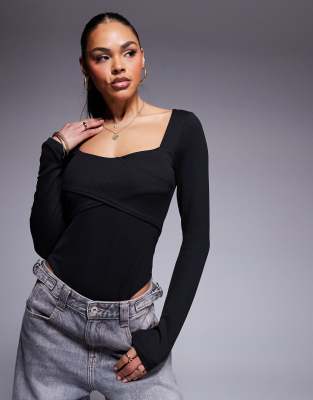 Asos Design Cross Front Detail Bodysuit In Black