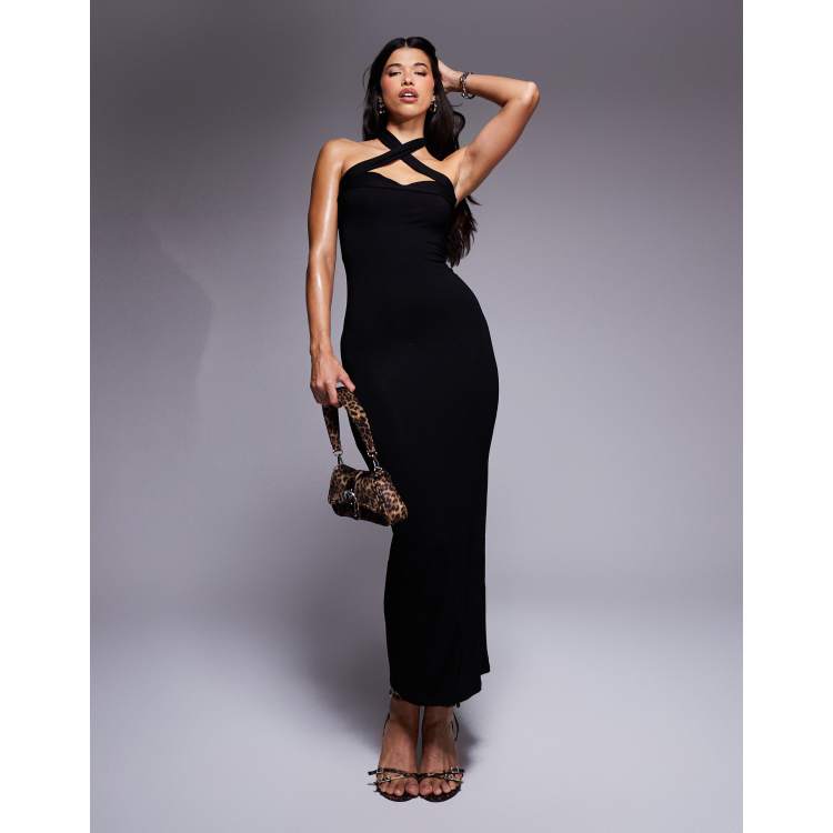luxe cross front halter midi dress Donna Karan Women's Sleeveless Cross-Front Midi Halter Dress in Canyon Brown, Size 4