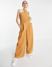 ASOS DESIGN pleat front satin jumpsuit with chain strap in sand | ASOS