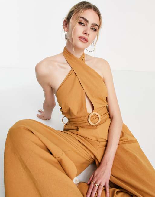 LONG HALTER JUMPSUIT - Sand