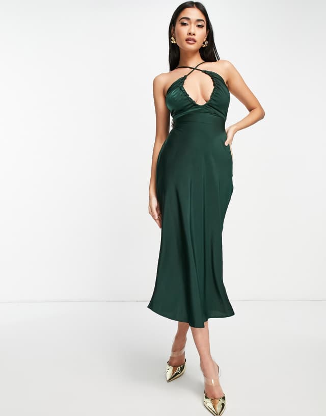 ASOS DESIGN cross front halter satin midi dress with tie back