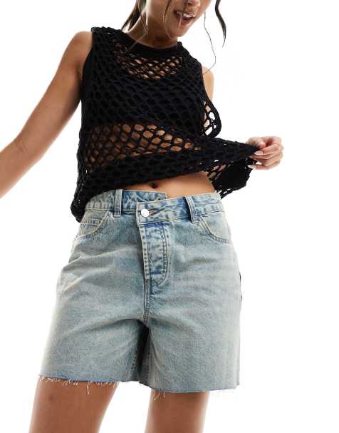 ASOS DESIGN cross front waist denim dad short in midwash blue - view 1