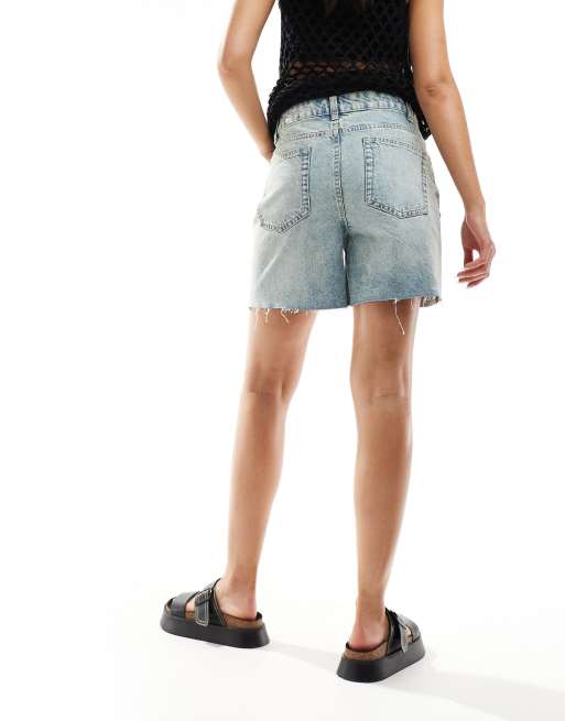 ASOS DESIGN cross front waist denim dad shorts in midwash blue