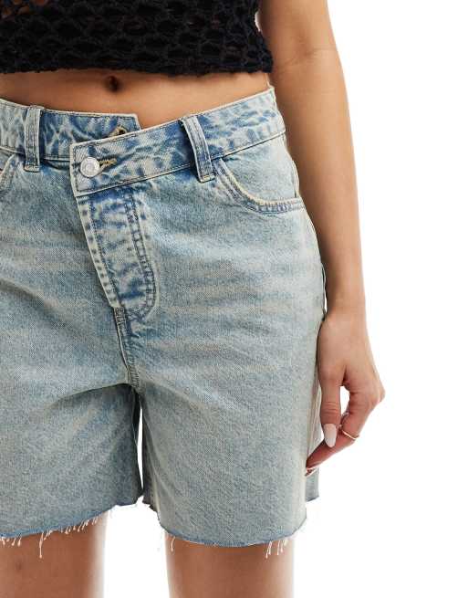 ASOS DESIGN cross front waist denim dad shorts in midwash blue