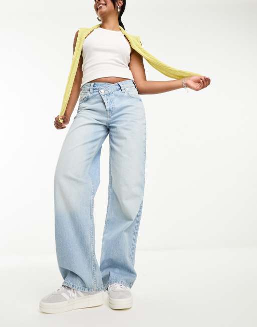 ASOS DESIGN cross front wide leg jeans in light blue
