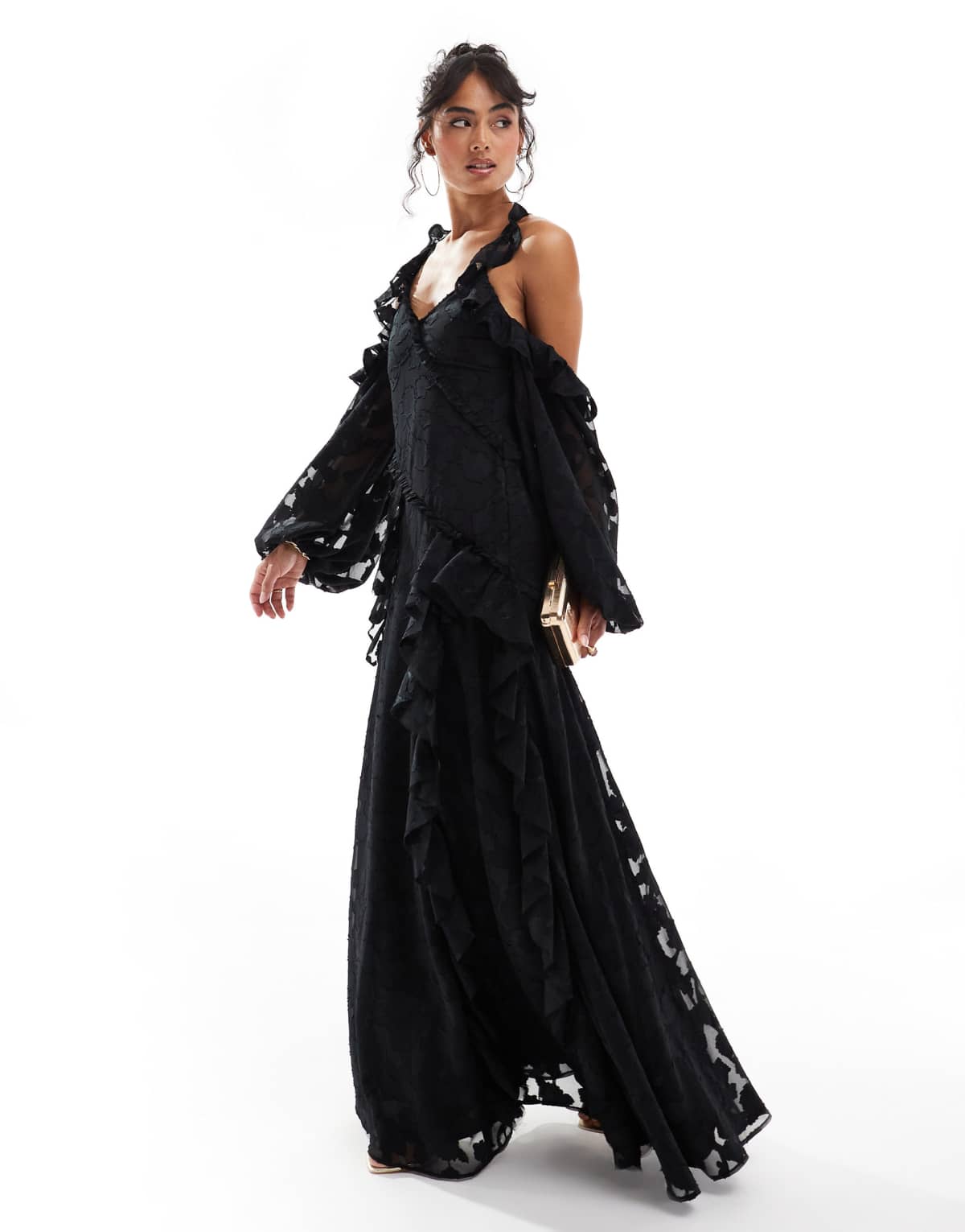 ASOS DESIGN cross neck cold shoulder floral jacquard maxi dress with ruffle detail in black