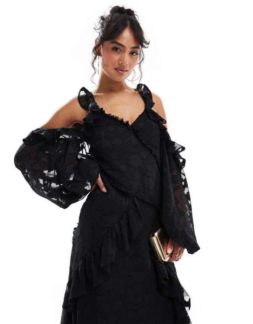 ASOS DESIGN cross neck cold shoulder floral jacquard maxi dress with ruffle detail in black