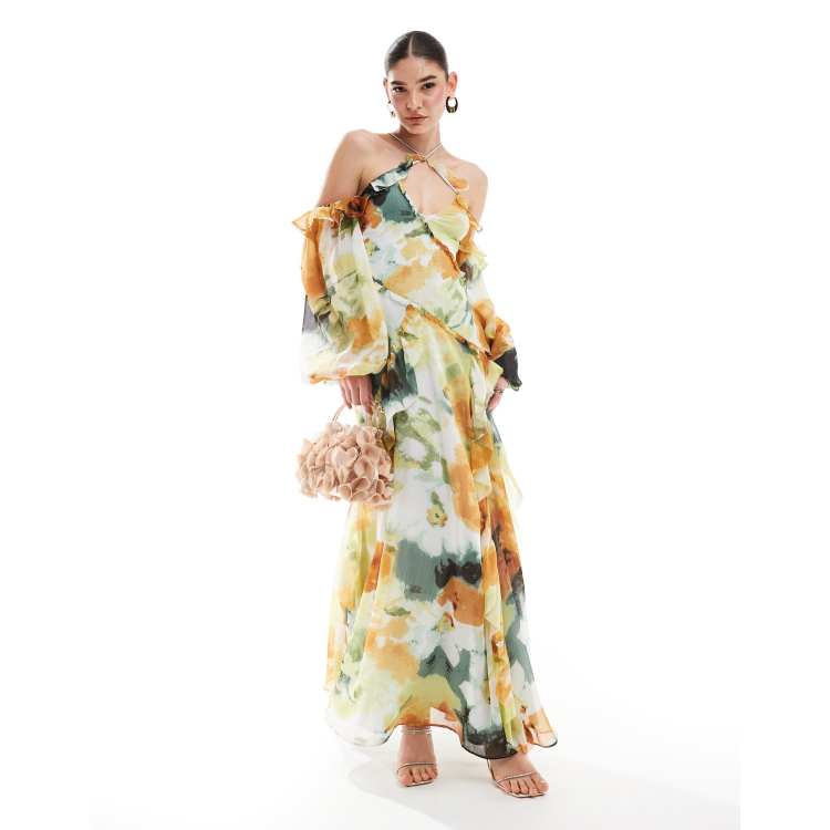 ASOS DESIGN cross neck cold shoulder maxi dress with ruffles in abstract floral print ASOS