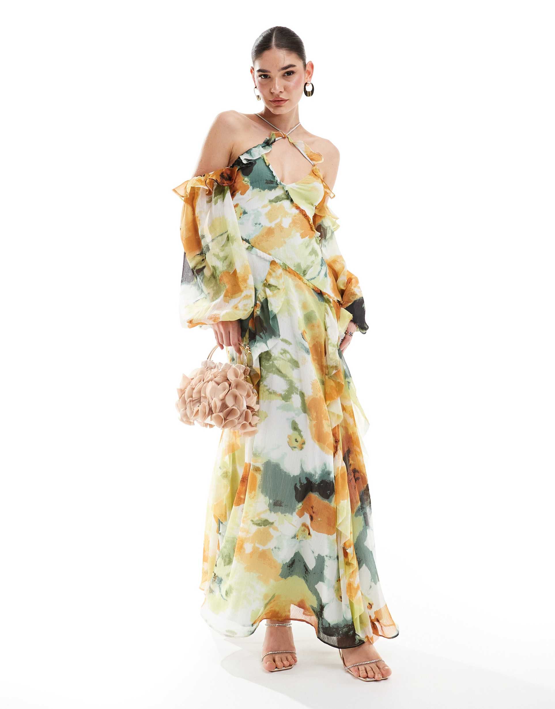 asos design cross neck cold shoulder maxi dress with ruffles in abstract floral print
