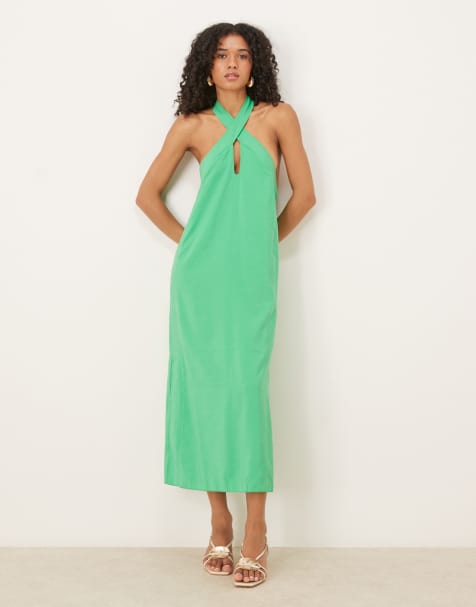 ASOS DESIGN cross neck column midi dress with side splits in bright green - view 1