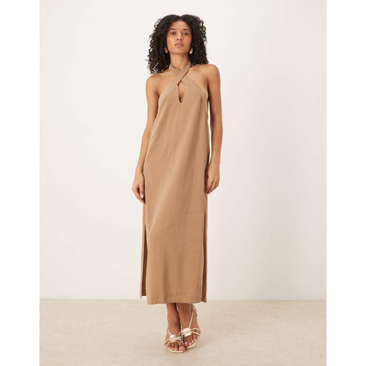 ASOS DESIGN cross neck column midi dress with side splits in