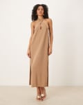 [ASOS DESIGN] ASOS DESIGN cross neck column midi dress with side splits in stone-Neutral 14 stone