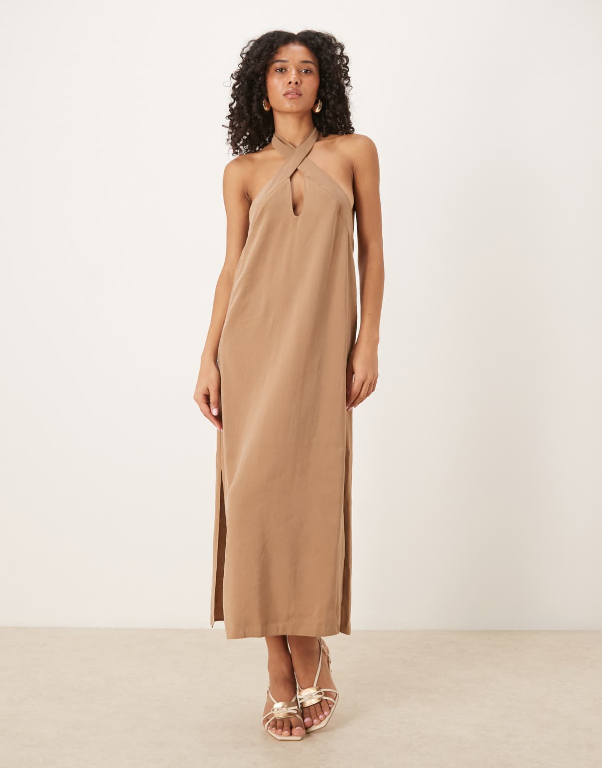 ASOS DESIGN cross neck column midi dress with side splits in stone