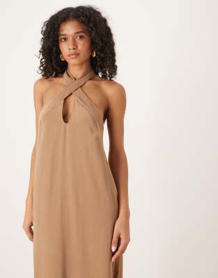 Asos Design Cross Neck Column Midi Dress With Side Splits In Brown