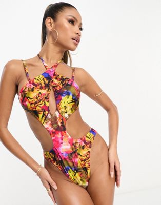 ASOS DESIGN cross neck cut out swimsuit in vibrant abstract graphic print-Multi