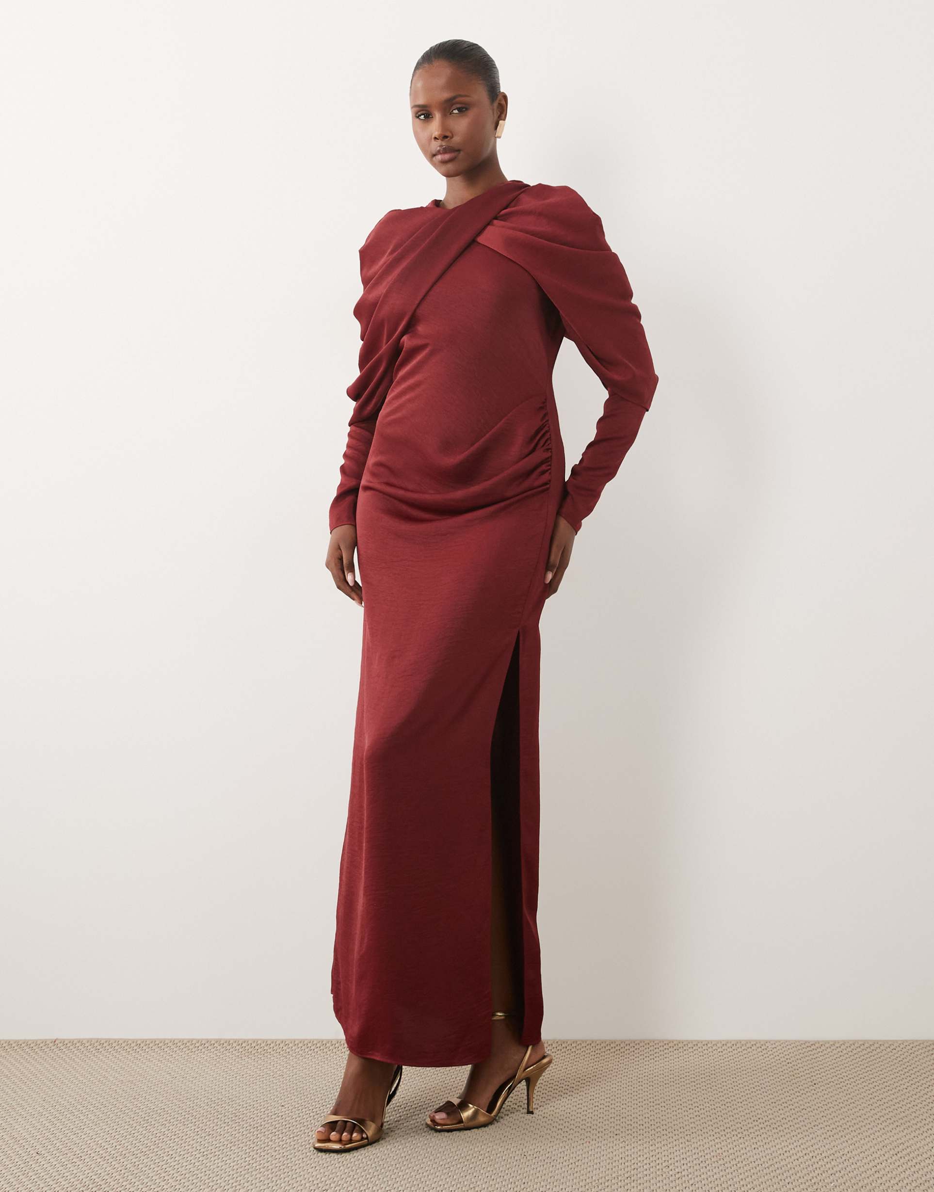 asos design cross neck gathered maxi dress with draped sleeves in berry
