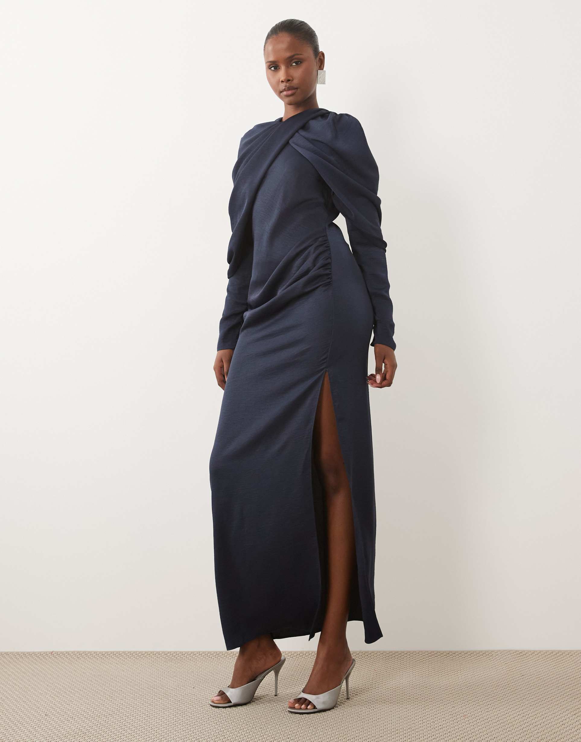 asos design cross neck gathered maxi dress with draped sleeves in navy