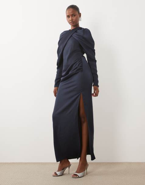 ASOS DESIGN cross neck gathered maxi dress with draped sleeves in navy